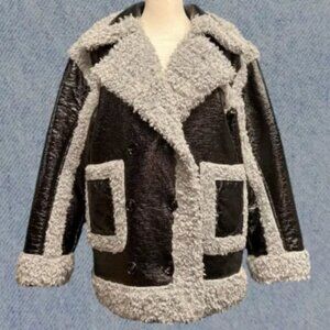 Nasty Gal Women’s Black Vinyl Double-Breasted Borg Jacket – Sz: 4